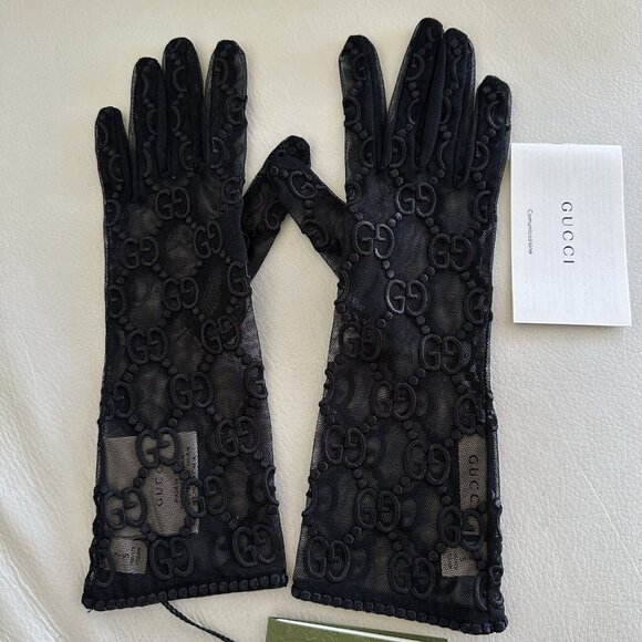 NWT GUCCI GLOVES TULLE LACE GG BLACK Sz 7 S - Picture 4 of 8